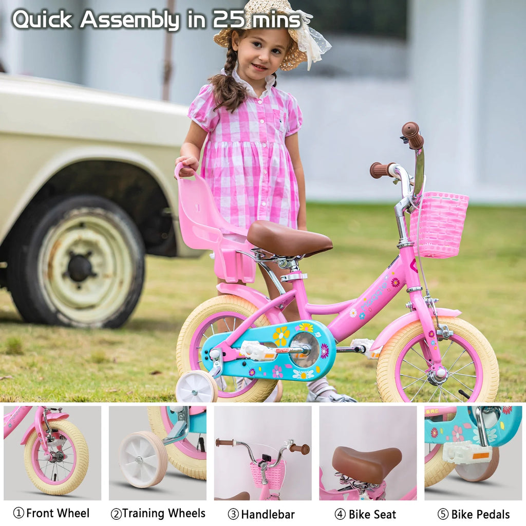 Vélo pour filles Glerc Maggie de 12 pouces pour enfants de 2 à 4 ans, Pêche