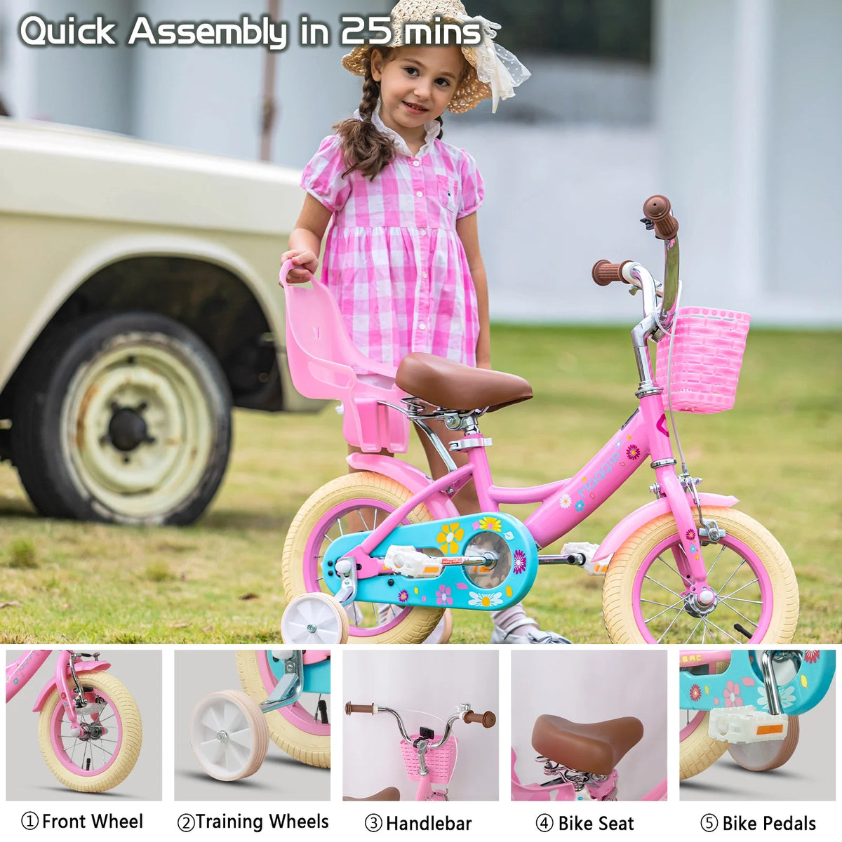 Vélo pour filles Glerc Maggie de 12 pouces pour enfants de 2 à 4 ans, Pêche