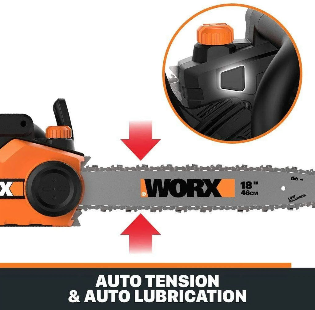 Worx WG304.2 Tronçonneuse électrique 18 po 15 Amp avec tension automatique, frein de chaîne