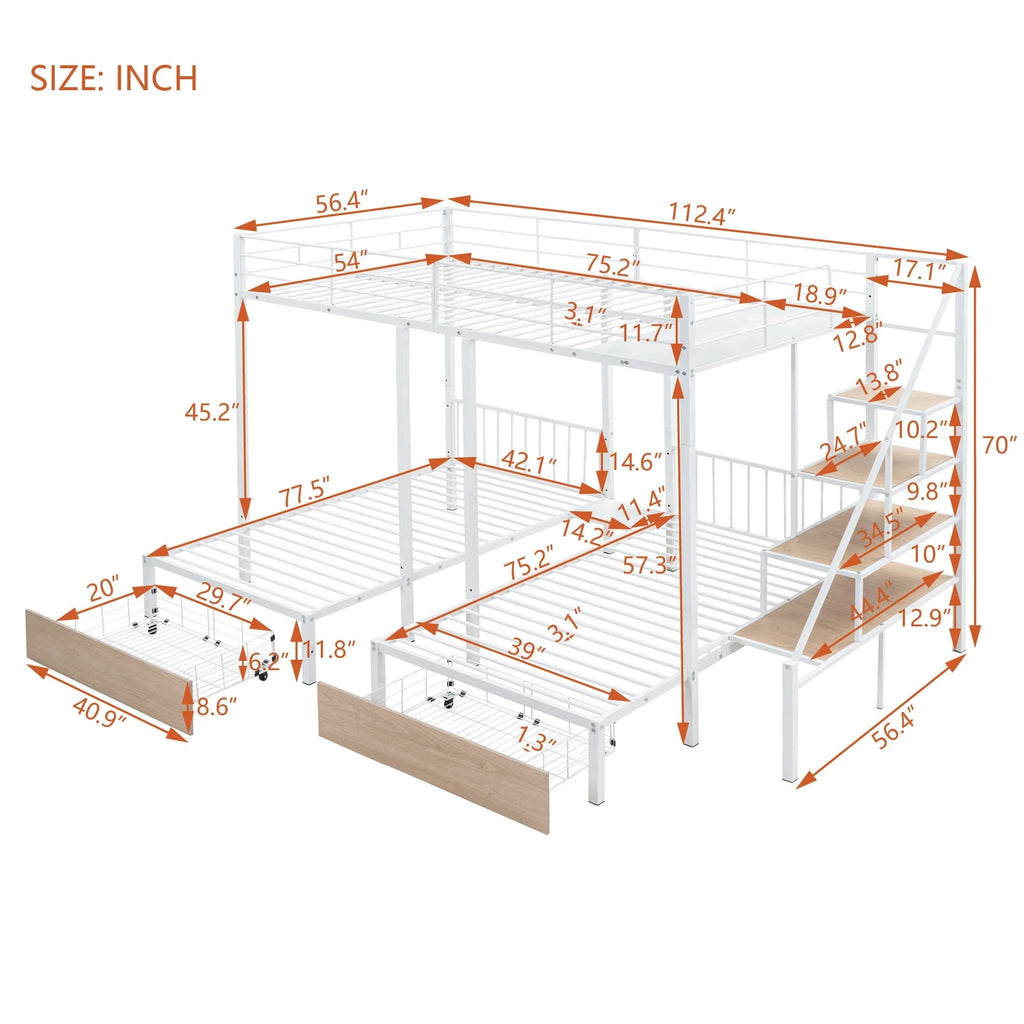 Lit superposé triple Bellemave avec escalier, lit superposé en métal avec lit double au-dessus et deux lits simples en dessous, tiroirs de rangement, robuste, pour 3 enfants, adolescents, garçons et filles (blanc)