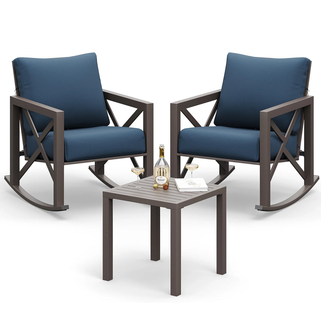 Ensemble de bistrot MRUAKA avec chaises à bascule, ensemble de mobilier de patio extérieur 3 pièces avec 2 chaises à bascule et 1 table basse en métal avec coussins épais pour porche, cour arrière, bord de piscine, beige