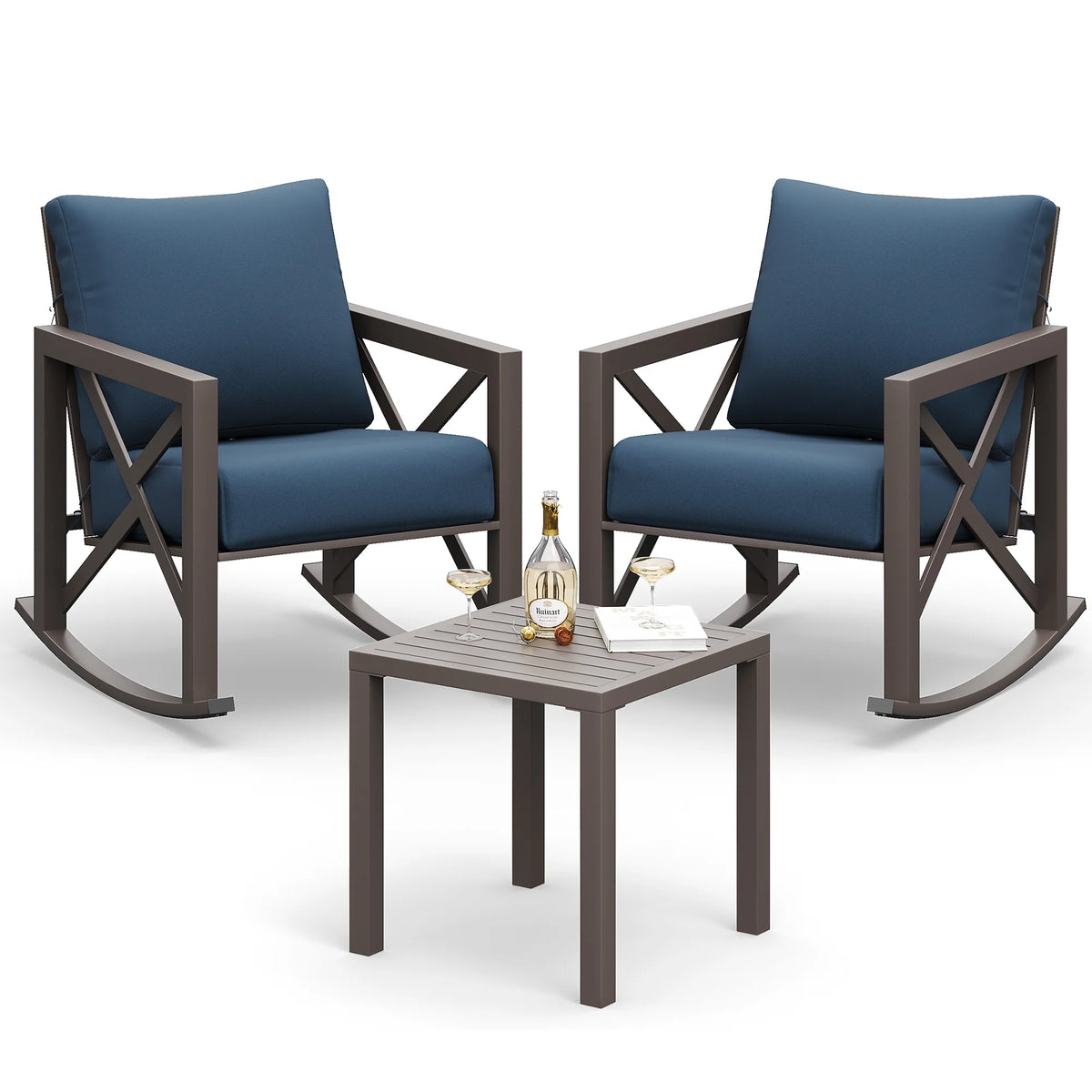 Ensemble de bistrot MRUAKA avec chaises à bascule, ensemble de mobilier de patio extérieur 3 pièces avec 2 chaises à bascule et 1 table basse en métal avec coussins épais pour porche, cour arrière, bord de piscine, beige