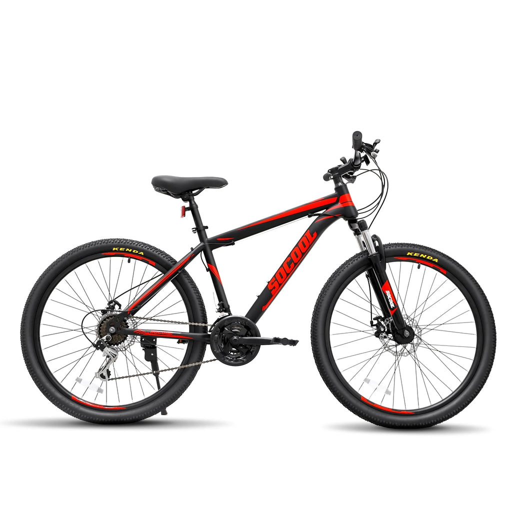 VTT 26 pouces, vélo hardtail pour homme et femme, fourche suspendue et double frein à disque, cadre 17 pouces, cadre en acier inoxydable, 21 vitesses Shimano - Noir & Rouge