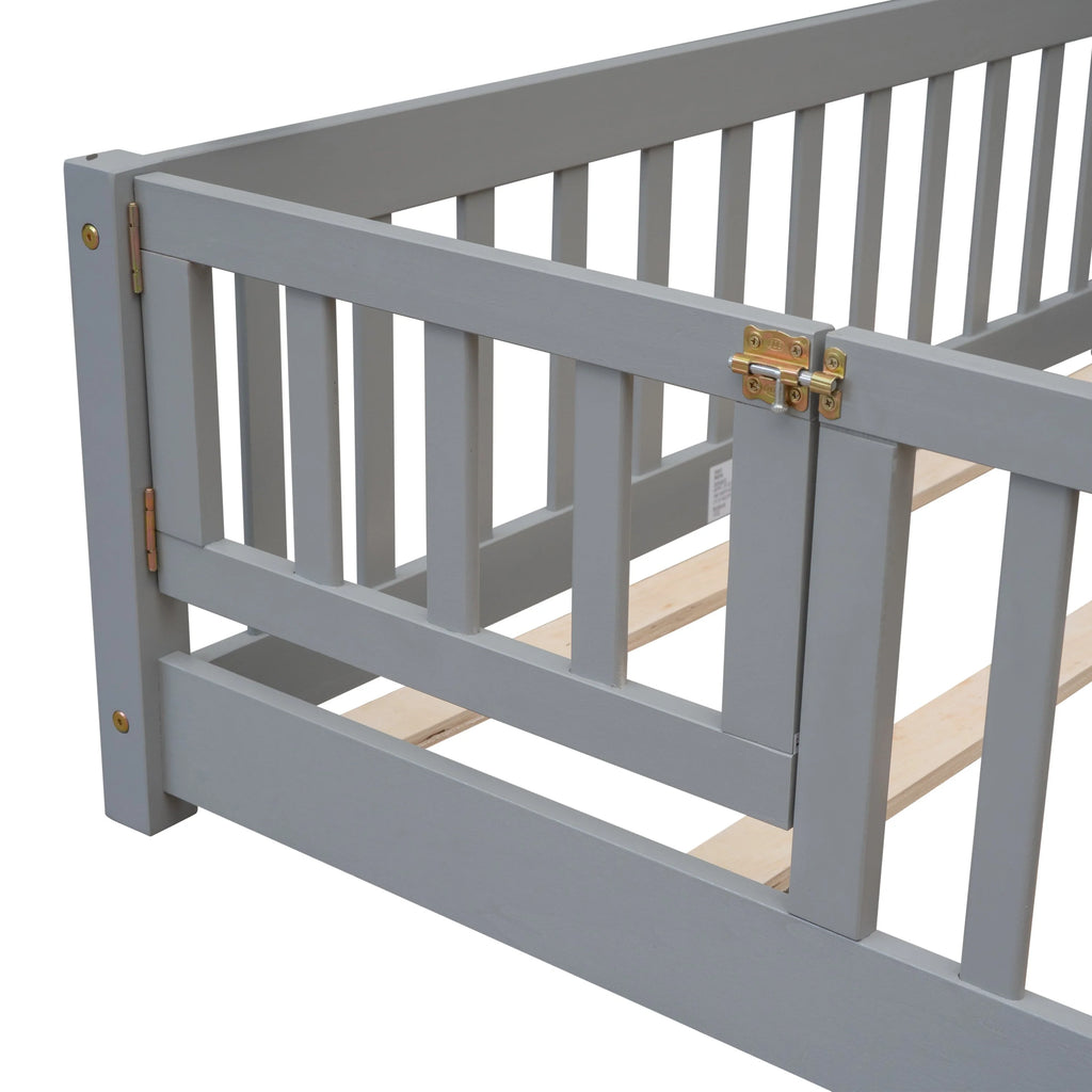 uhomepro Cadre de lit au sol en bois 2 places avec barrière et porte pour enfants et tout-petits, Gris