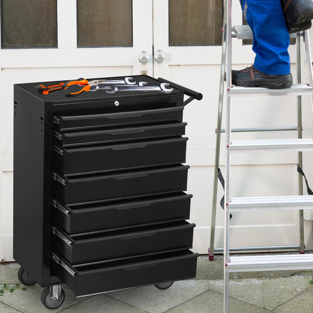 Servante d'atelier à 7 tiroirs, caisson à outils en métal grande capacité avec roulettes et serrure à cylindre, chariot de rangement mobile pour garage, entrepôt, atelier - Noir