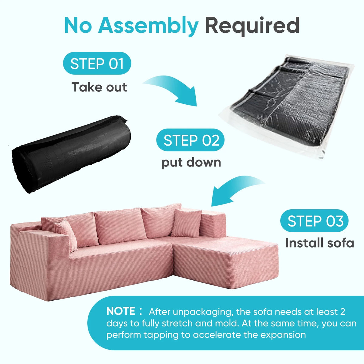 Canapé d’angle ZAFLY 106 Cloud avec méridienne, sans assemblage, canapé-lit en L, canapé modulable surdimensionné à assise profonde pour salon – droite, noir