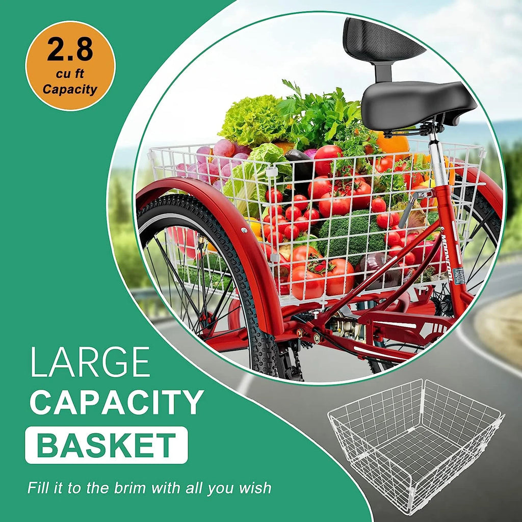 Tricycles pour adultes MOONCOOL avec panier arrière et pompe à pied, vélos à 3 roues 7 vitesses de 24 et 26 pouces, vélo à trois roues pour adultes avec dossier pour seniors, femmes et hommes