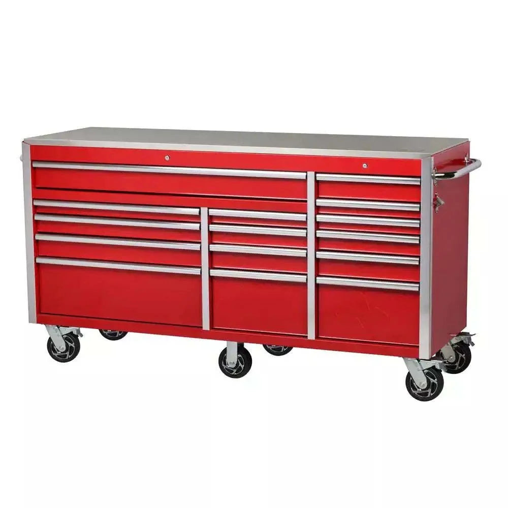 Caisson à outils robuste de 72 po l x 24 po P x 15 tiroirs, avec plateau en acier inoxydable, double verrouillage et établi mobile