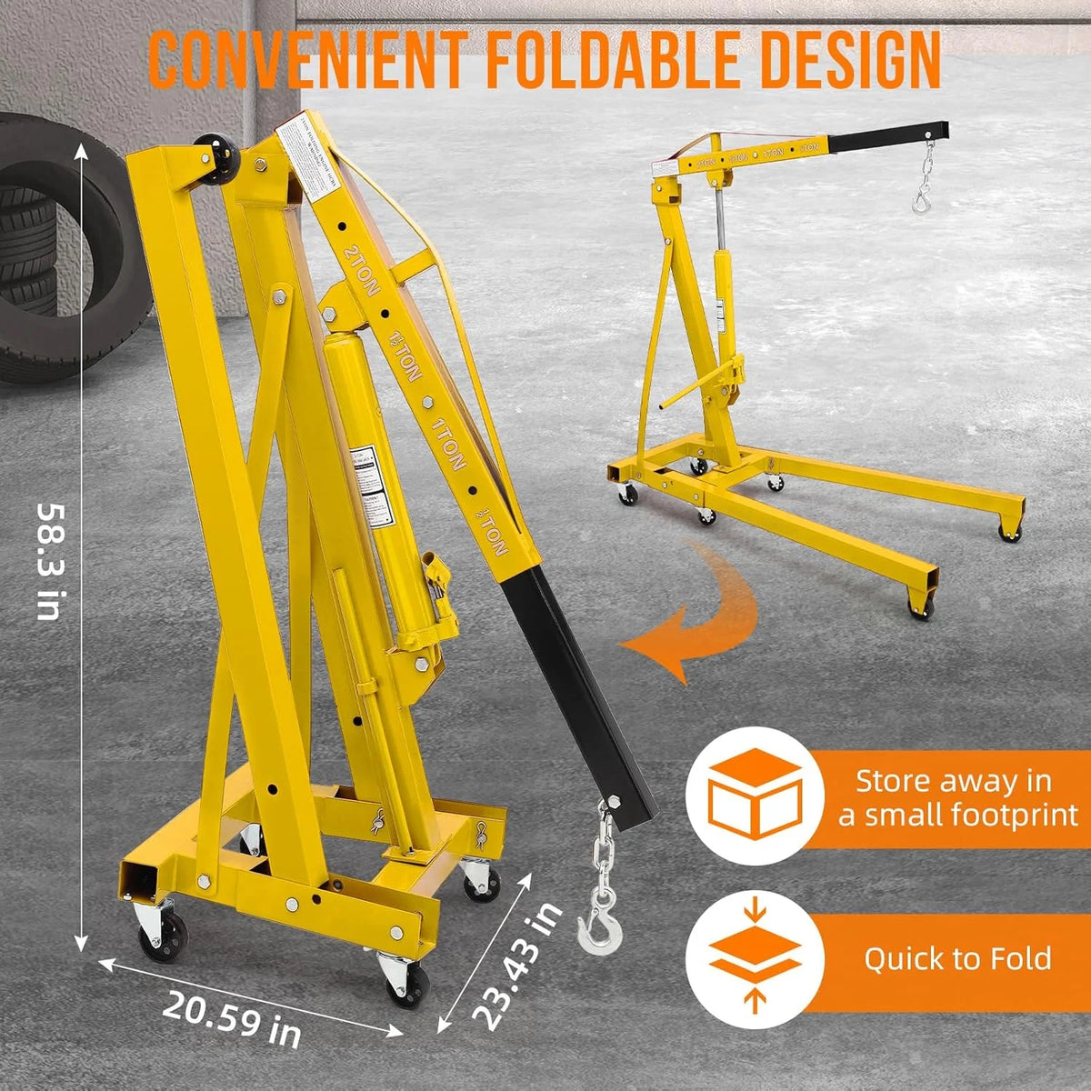 Chèvre d'atelier hydraulique pliant JoanKaren 2 tonnes, palan de levage pour moteur robuste, nacelle de levage lourde à 6 roues, jaune