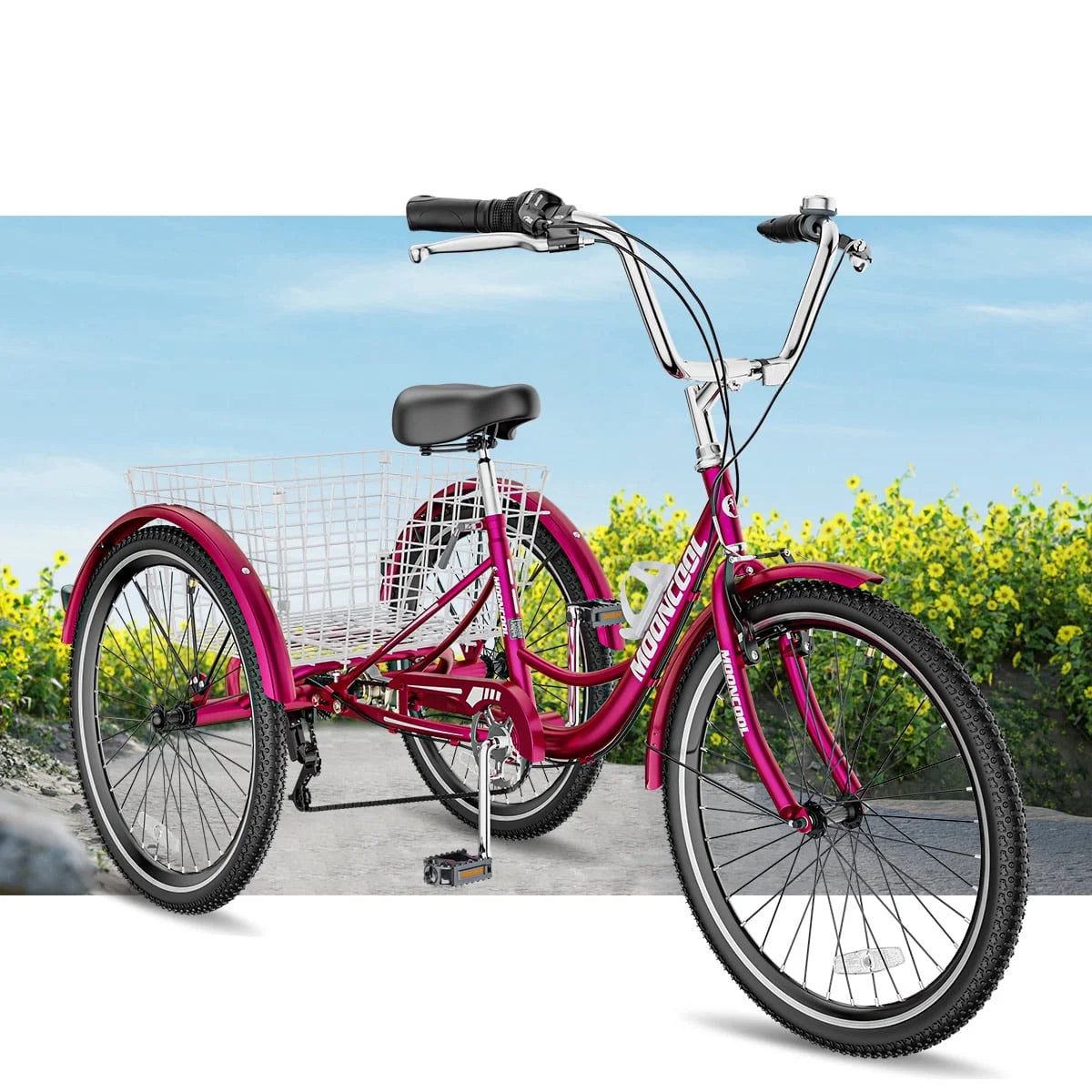Tricycles pour adultes MOONCOOL avec panier arrière et pompe à pied, vélos à 3 roues 7 vitesses de 24 et 26 pouces, vélo à trois roues pour adultes avec dossier pour seniors, femmes et hommes