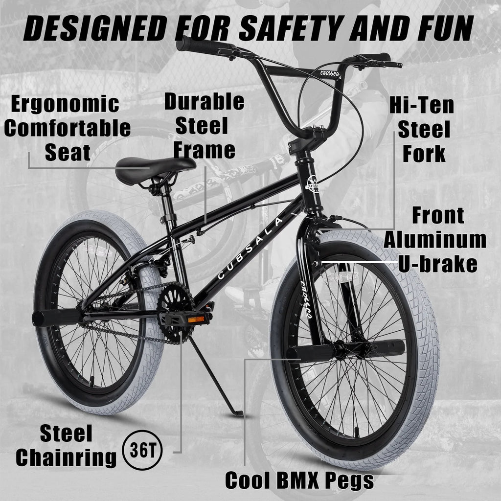 cubsala 20 Vélo BMX Freestyle pour enfants de 6 à 14 ans, garçons et filles, avec 4 cales, noir avec pneus rouges
