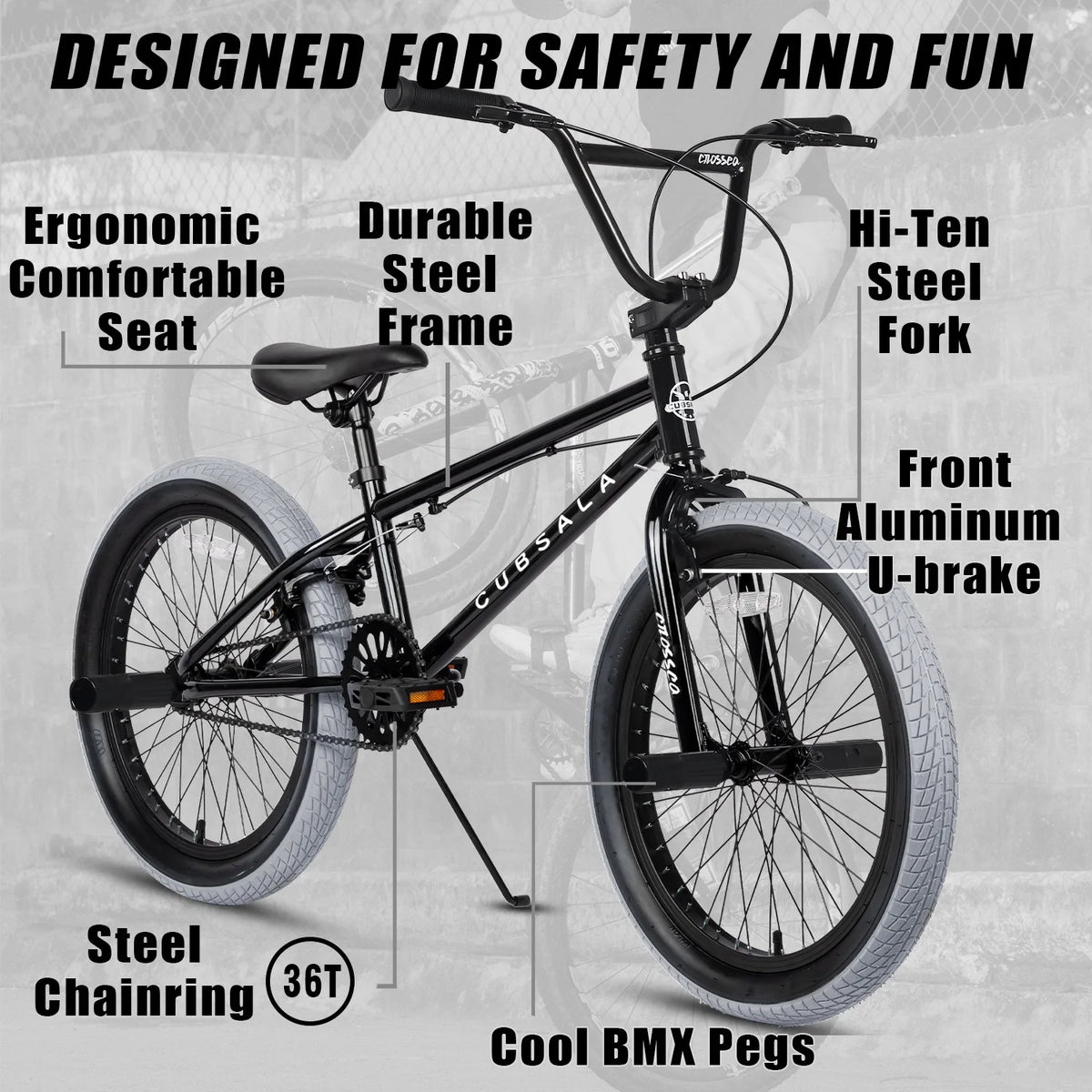 cubsala 20 Vélo BMX Freestyle pour enfants de 6 à 14 ans, garçons et filles, avec 4 cales, noir avec pneus rouges