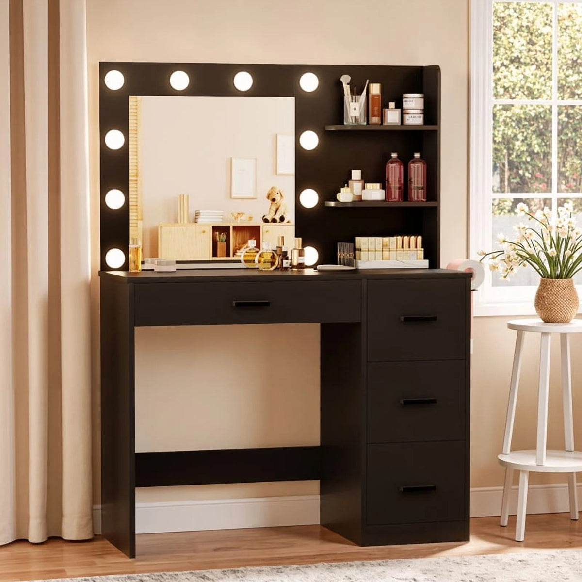 Coiffeuse Lacoo avec miroir et éclairage LED, coiffeuse de maquillage avec 7 tiroirs et 4 étagères, table de toilette avec prise électrique pour chambre ou dressing, blanc
