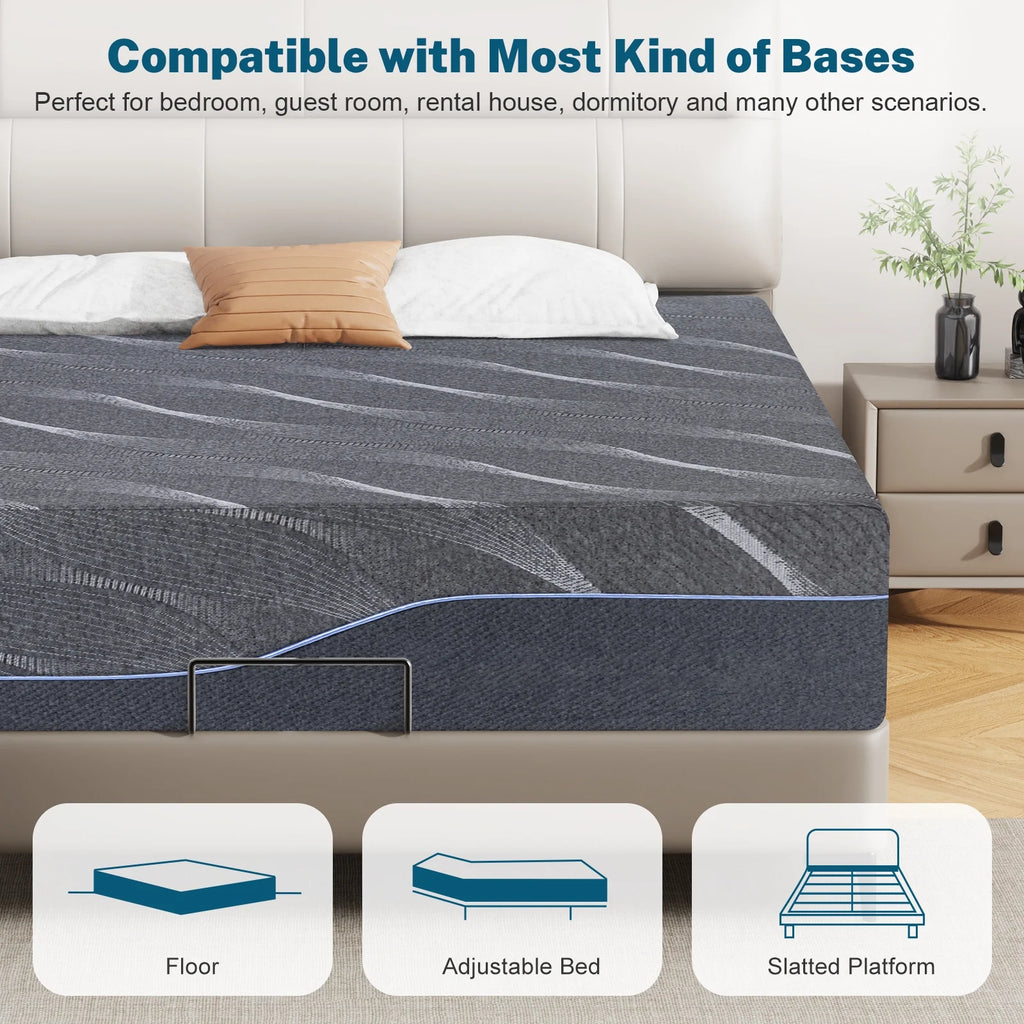 Matelas en mousse à mémoire de forme gel de 14 pouces, format Queen Size, confort mi-ferme, compatible avec les lits réglables
