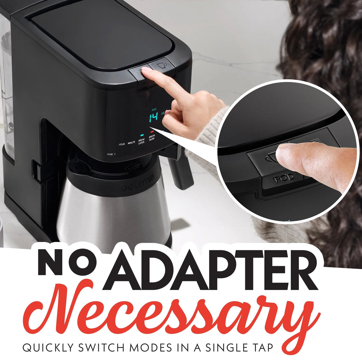 Machine à café 2-en-1 Gourmia, à dosettes individuelles + filtre 12 tasses, compatible K-Cup, noire