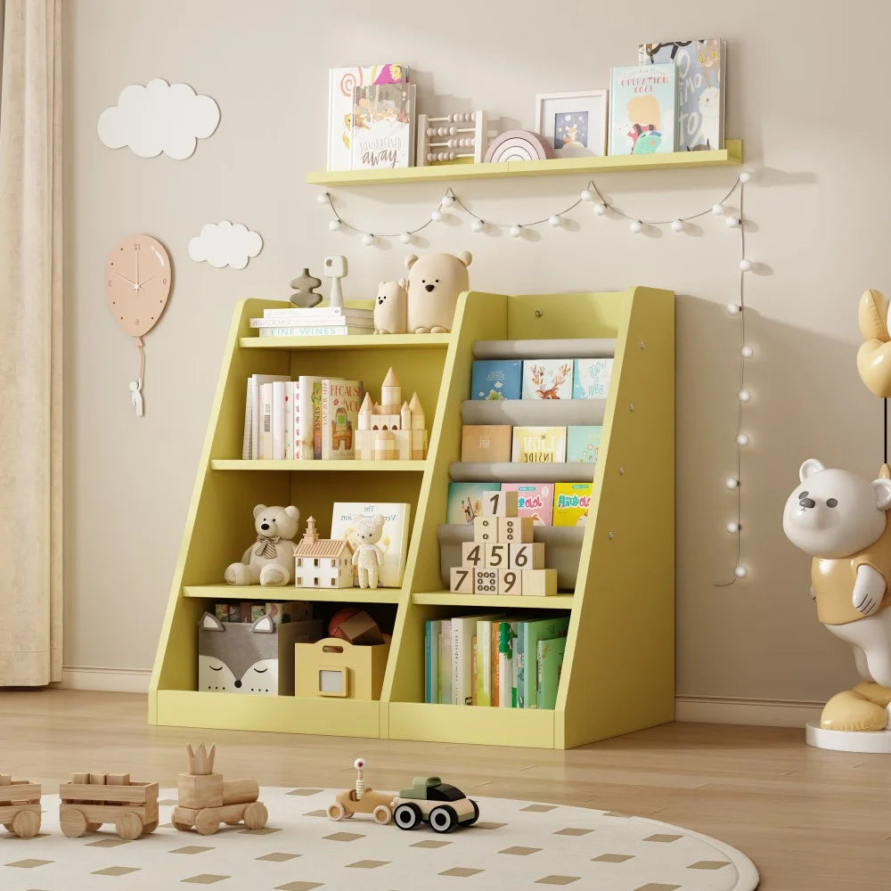 IVV Bibliothèque Montessori pour enfants, Bibliothèque moderne en bois à 4 niveaux, Étagère à livres et jouets pour enfants, Support d’étagère en tissu, Pour salle de classe, chambre, chambre de bébé ou salle de jeux (Rose)