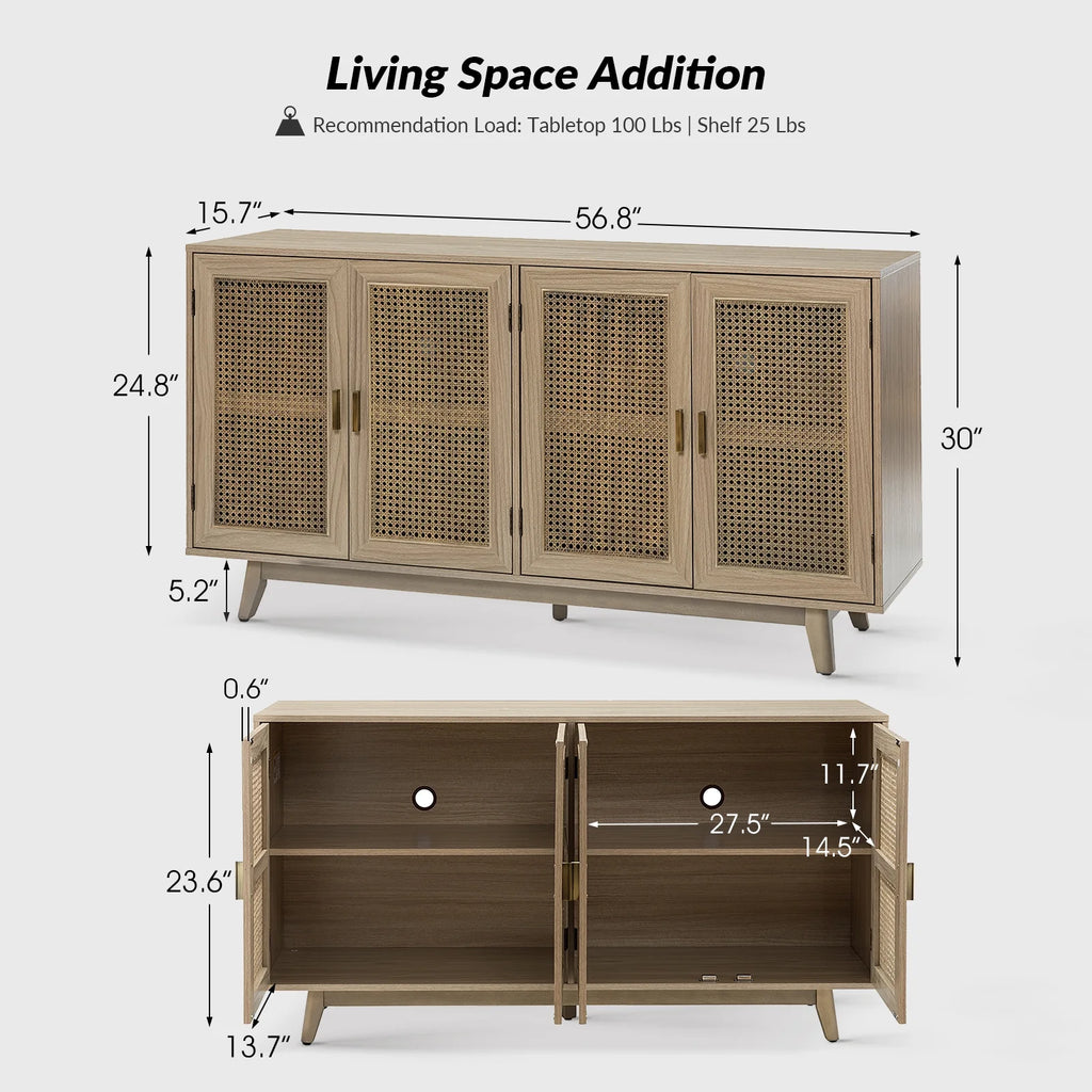 Buffet Boho en bois à 3 portes, meuble de rangement avec portes en rotin, noyer
