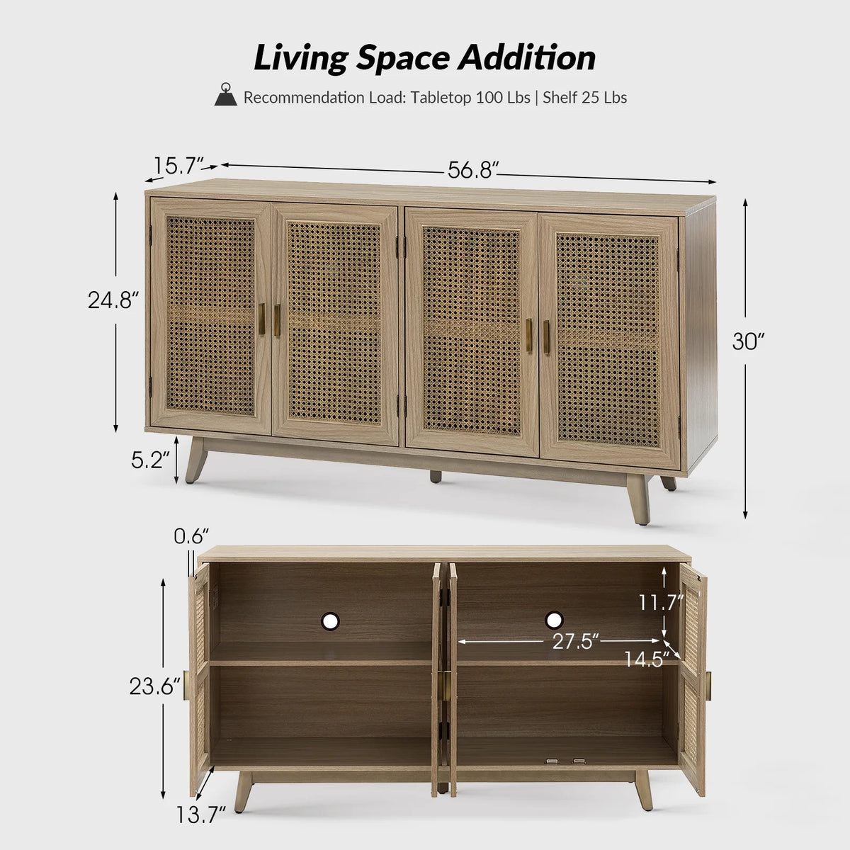 Buffet Boho en bois à 3 portes, meuble de rangement avec portes en rotin, noyer