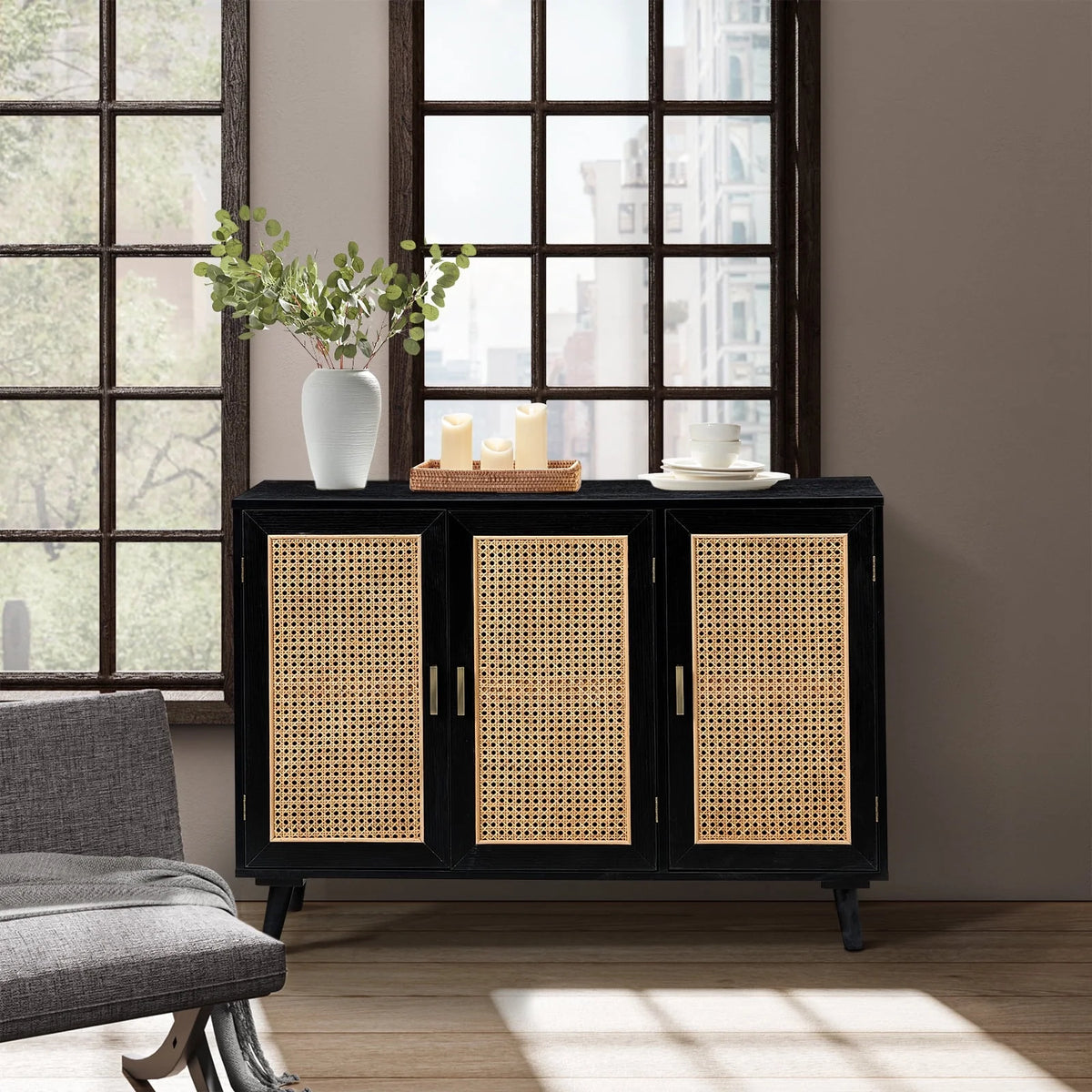 Buffet Boho en bois à 3 portes, meuble de rangement avec portes en rotin, noyer