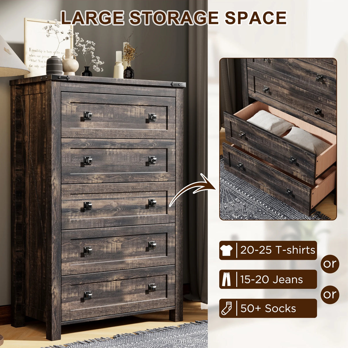 Commode Keywhat Farmhouse à 5 tiroirs pour chambre, meuble de rangement en bois pour salon, blanc antique