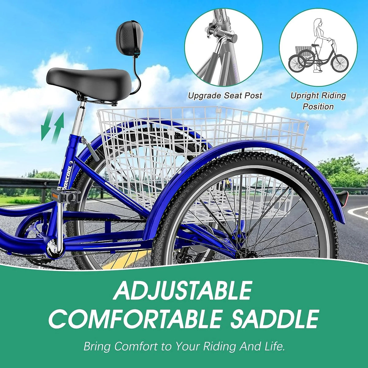 Tricycles pour adultes MOONCOOL avec panier arrière et pompe à pied, vélos à 3 roues 7 vitesses de 24 et 26 pouces, vélo à trois roues pour adultes avec dossier pour seniors, femmes et hommes