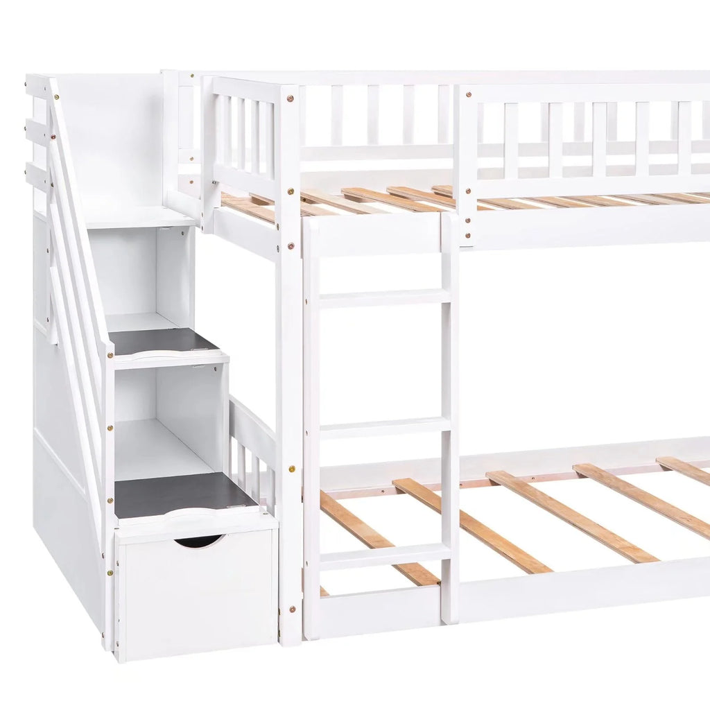 Lits superposés avec escalier, lits jumeaux, cadre de lit superposé en bois avec toboggan pour enfants et escalier de rangement, cadre de lit de rangement 2-en-1 avec échelle et barrières de sécurité pour chambre de garçons et de filles, blanc