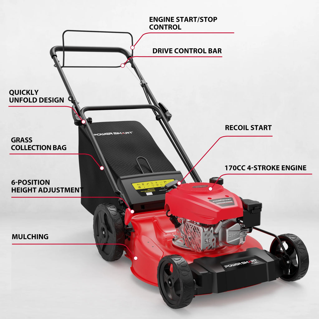Tondeuse à gazon autotractée PowerSmart 21 170CC, avec 10 roues arrière