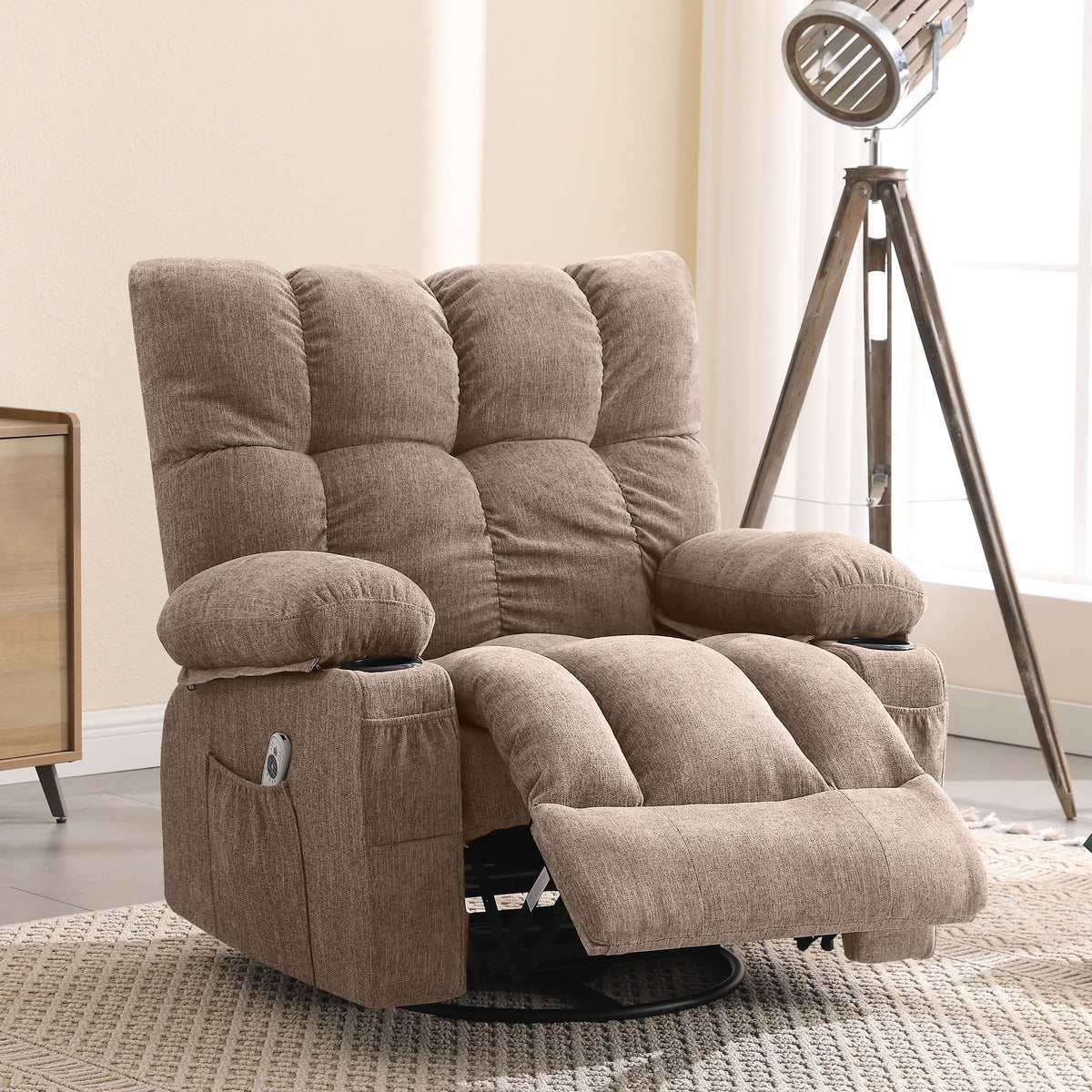 Fauteuil inclinable manuel JONPONY avec fonction de massage et de chauffage, mécanisme d’inclinaison robuste, fauteuil à bascule individuel pour personnes âgées avec porte-gobelets, pour chambre et salle de cinéma maison, gris