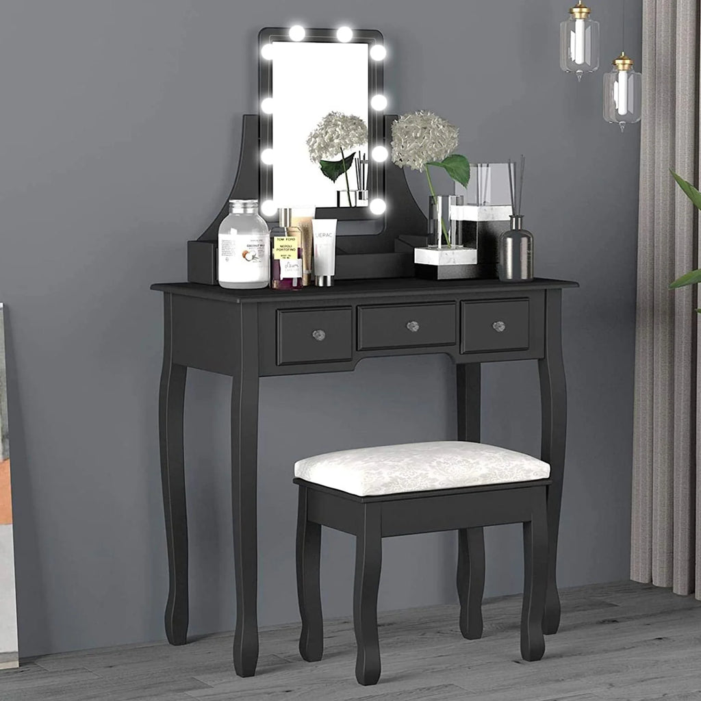 Coiffeuse de maquillage VEANERWOOD avec 10 lumières LED, coiffeuse avec miroir lumineux et tabouret rembourré, 5 tiroirs et 2 étagères, meuble de toilette pour chambre, luxueuse, noire