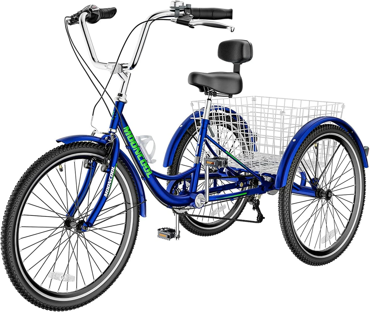 Tricycles pour adultes MOONCOOL avec panier arrière et pompe à pied, vélos à 3 roues 7 vitesses de 24 et 26 pouces, vélo à trois roues pour adultes avec dossier pour seniors, femmes et hommes