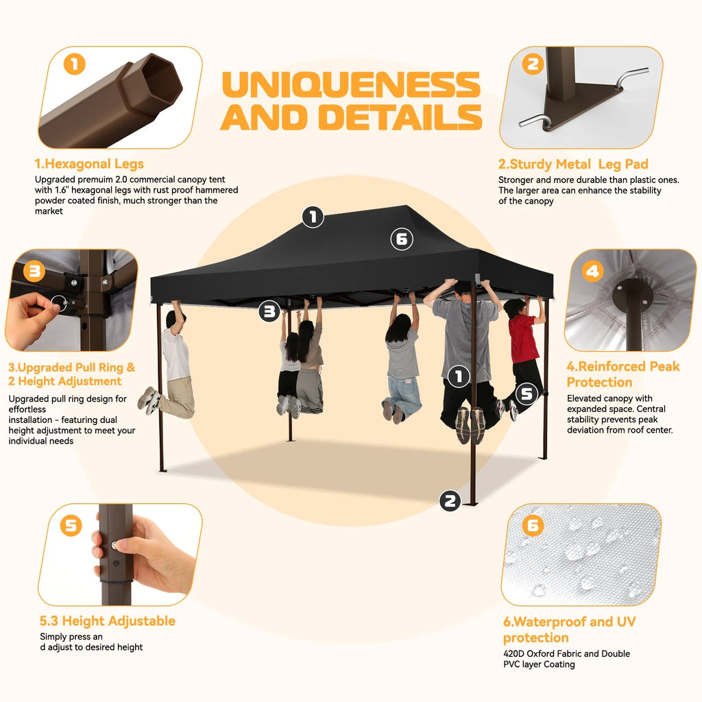 COBIZI Tonnelle escamotable 3x4,5m robuste avec parois latérales, tonnelle escamotable commerciale facile pour fêtes, mariages, toutes saisons, étanche UV 50+ avec sac à roulettes (pieds améliorés), noir