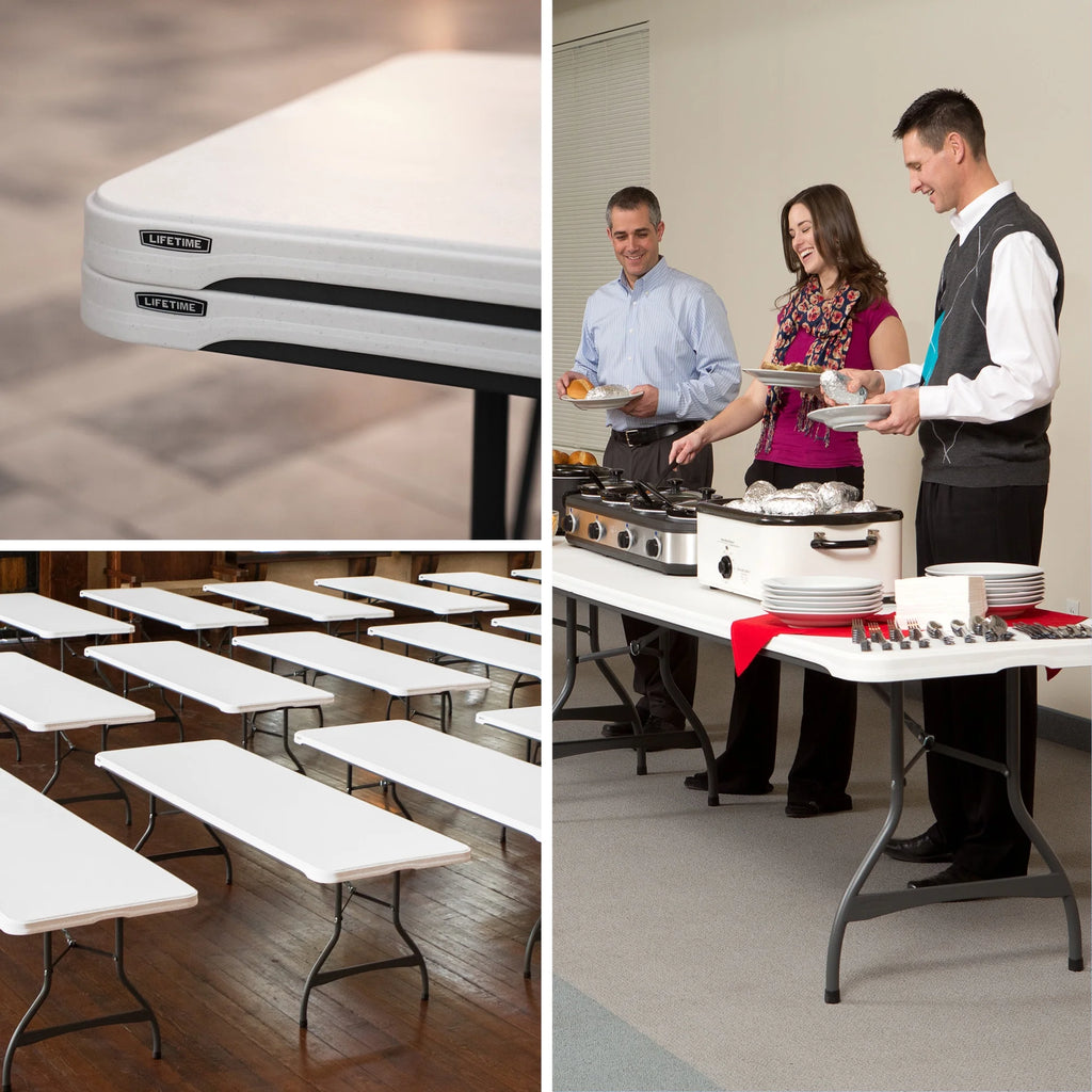 Lifetime (4) tables rectangulaires empilables de 8 pieds et (32) chaises, ensemble intérieur/extérieur de qualité commerciale, granit blanc (80410)