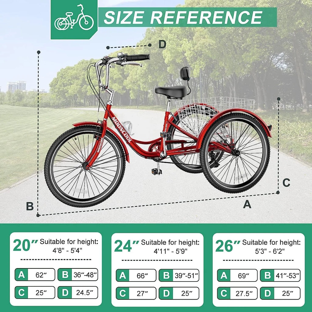 Tricycles pour adultes MOONCOOL avec panier arrière et pompe à pied, vélos à 3 roues 7 vitesses de 24 et 26 pouces, vélo à trois roues pour adultes avec dossier pour seniors, femmes et hommes