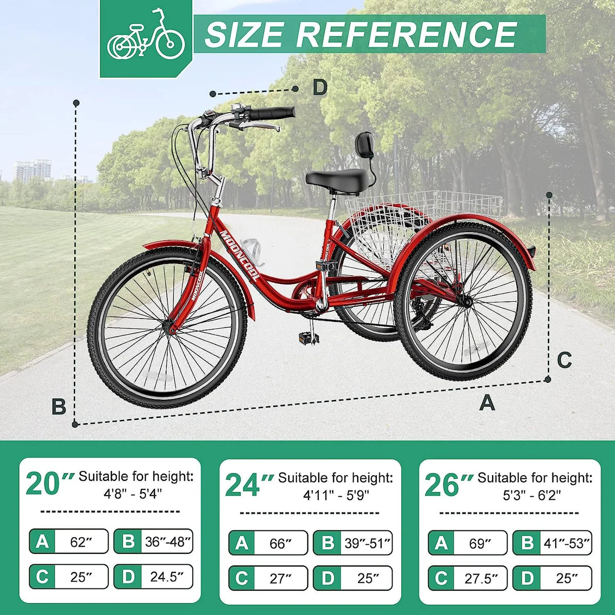 Tricycles pour adultes MOONCOOL avec panier arrière et pompe à pied, vélos à 3 roues 7 vitesses de 24 et 26 pouces, vélo à trois roues pour adultes avec dossier pour seniors, femmes et hommes
