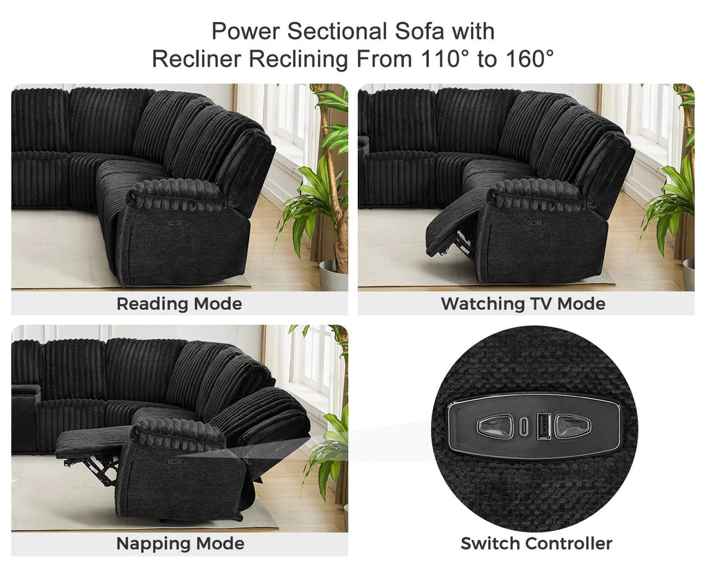 Canapé d’angle inclinable électrique avec chargeur sans fil, 6 places en fausse fourrure avec fauteuils inclinables, porte-gobelets dissimulés, console de rangement, ports USB et Type-C, noir