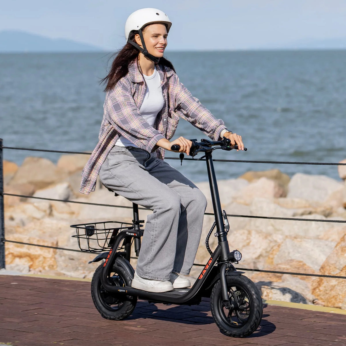 Trottinette électrique 5TH WHEEL W18S 450W pour adultes avec siège et panier de transport, 36V, 20 miles d'autonomie et 15,5 mi/h, trottinette pliable 12 pour les trajets quotidiens