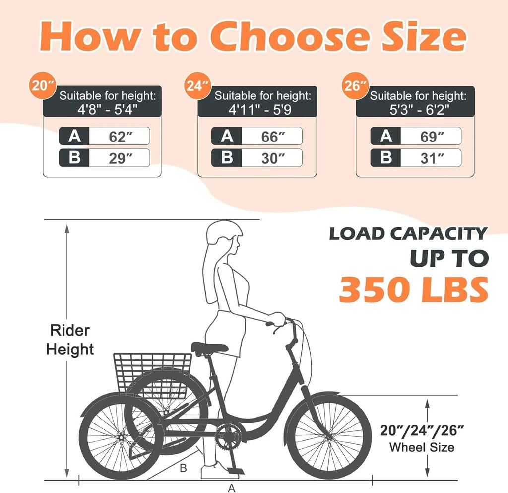 Tricycles pour adultes MOONCOOL avec panier arrière et pompe à pied, vélos à 3 roues 7 vitesses de 24 et 26 pouces, vélo à trois roues pour adultes avec dossier pour seniors, femmes et hommes
