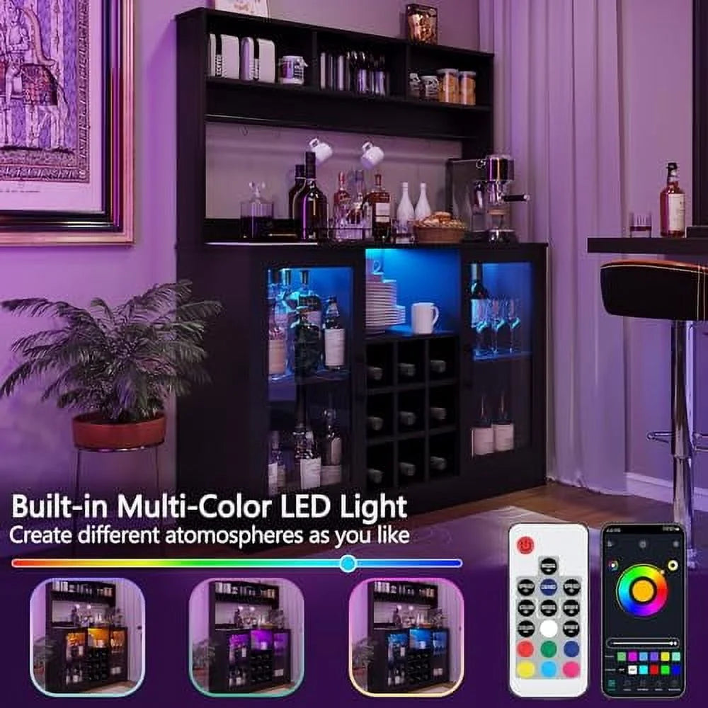 Meuble bar à café et à vin Juiluna avec prise électrique, 6 crochets, 9 porte-verres et étagère réglable, meuble à boissons avec éclairage LED, buffet avec étagère de rangement pour cuisine, noir