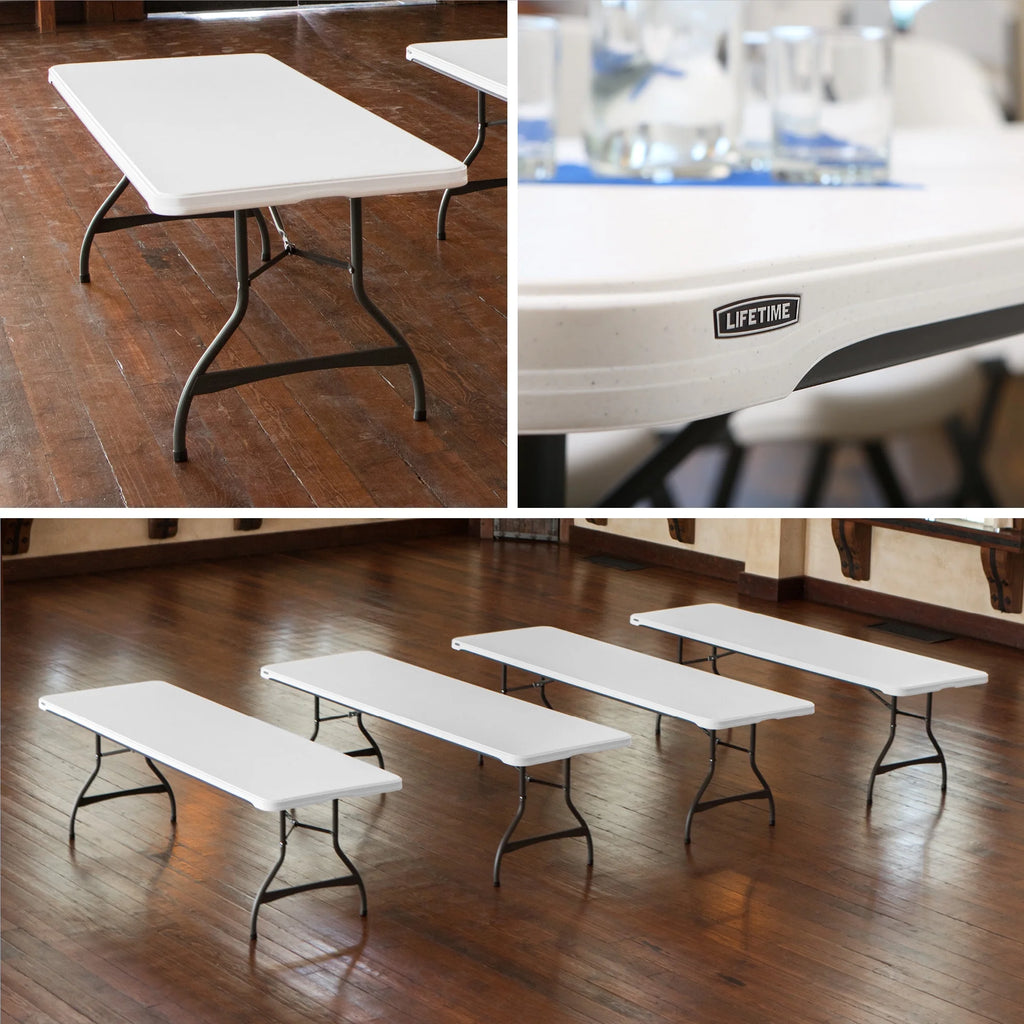 Lifetime (4) tables rectangulaires empilables de 8 pieds et (32) chaises, ensemble intérieur/extérieur de qualité commerciale, granit blanc (80410)