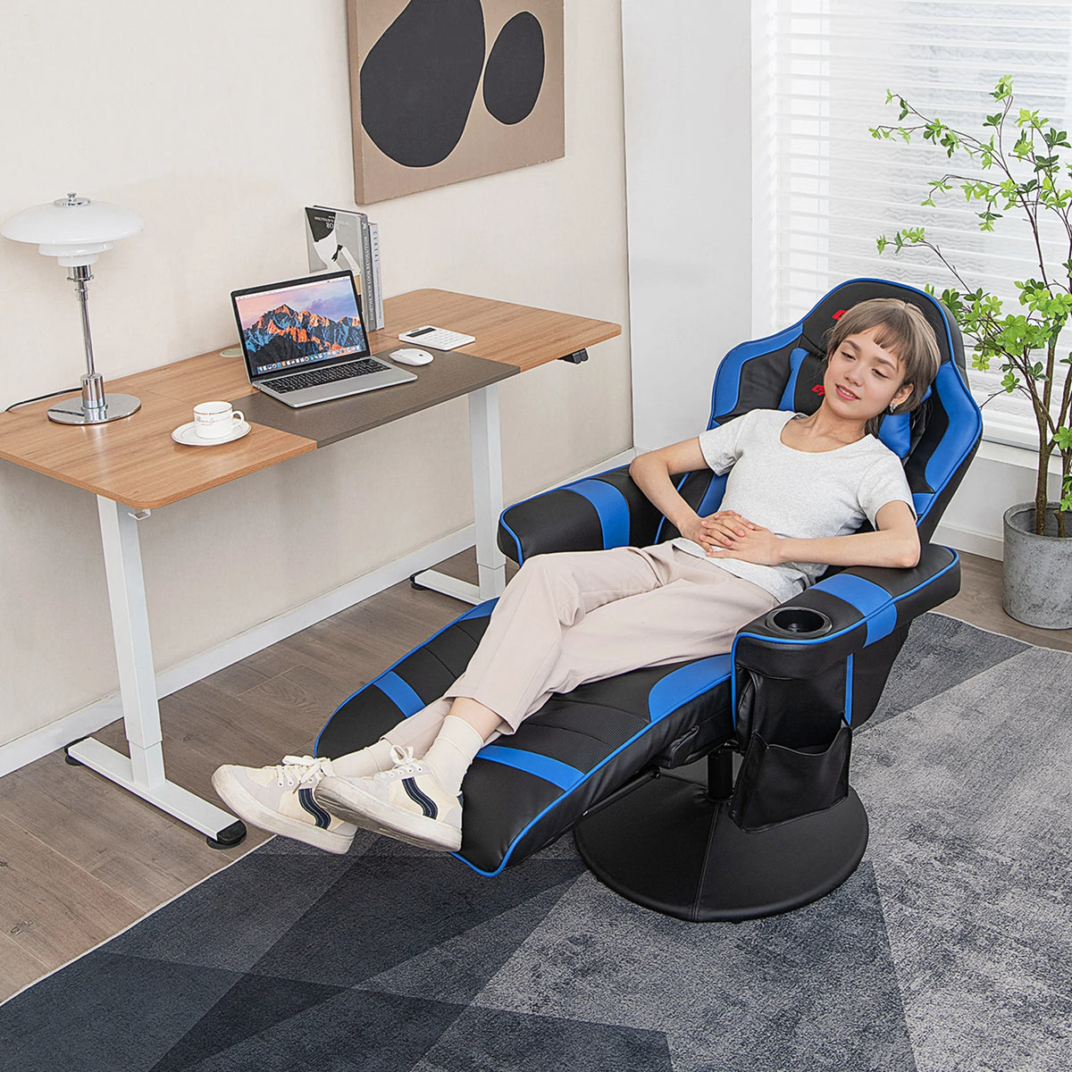 Fauteuil gaming inclinable Goplus avec massage, réglable en hauteur, pivotant, style racing, avec porte-gobelet, rouge