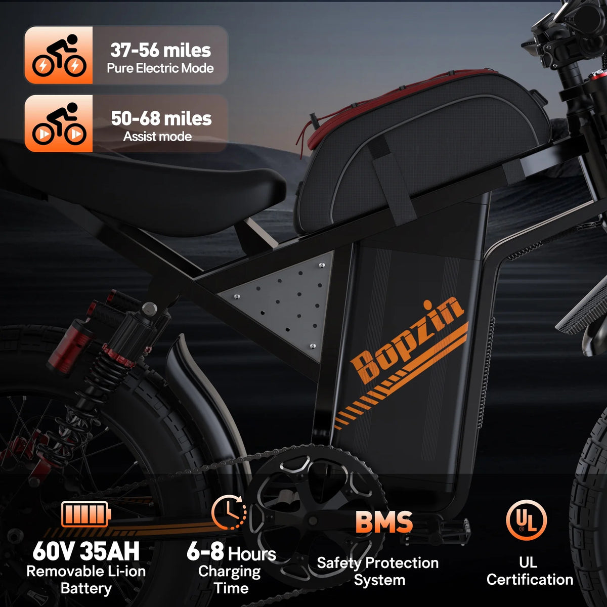 Moto tout-terrain électrique pour adultes, 60 V 35 Ah, 3 000 W, 45 mi/h et autonomie de 37 à 68 mi, vélo de montagne tout-terrain à pneus larges de 25 po, UL2849