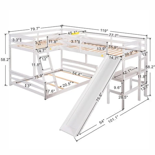 Lit superposé triple en L pour 5 personnes, lit superposé simple sur double et lit mezzanine simple avec bureau intégré, toboggan et barrière de sécurité sur toute la longueur, blanc