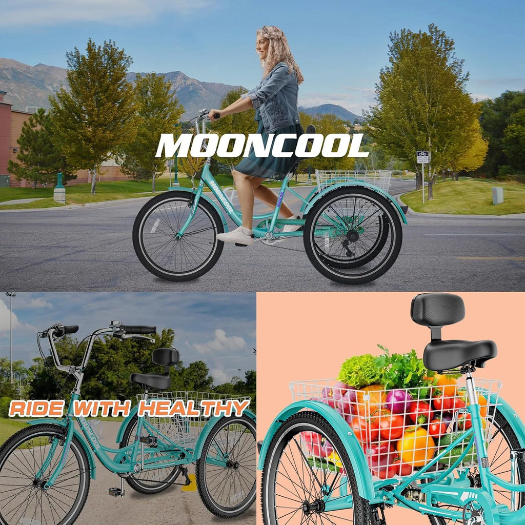 Tricycles pour adultes MOONCOOL avec panier arrière et pompe à pied, vélos à 3 roues 7 vitesses de 24 et 26 pouces, vélo à trois roues pour adultes avec dossier pour seniors, femmes et hommes