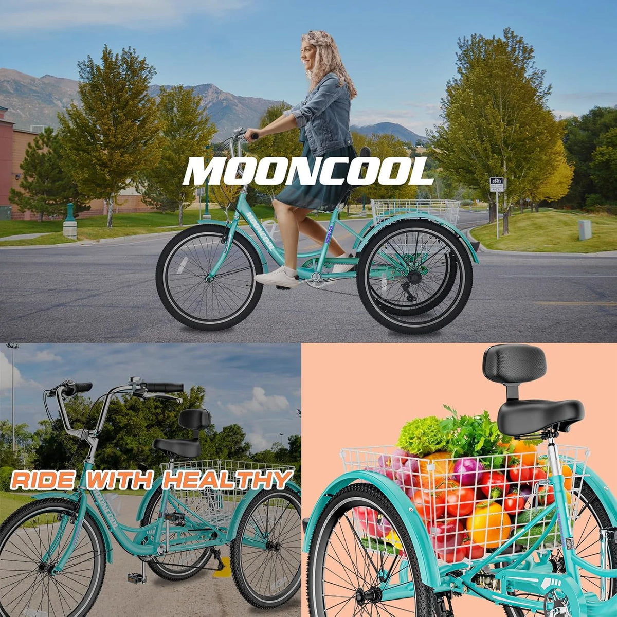 Tricycles pour adultes MOONCOOL avec panier arrière et pompe à pied, vélos à 3 roues 7 vitesses de 24 et 26 pouces, vélo à trois roues pour adultes avec dossier pour seniors, femmes et hommes