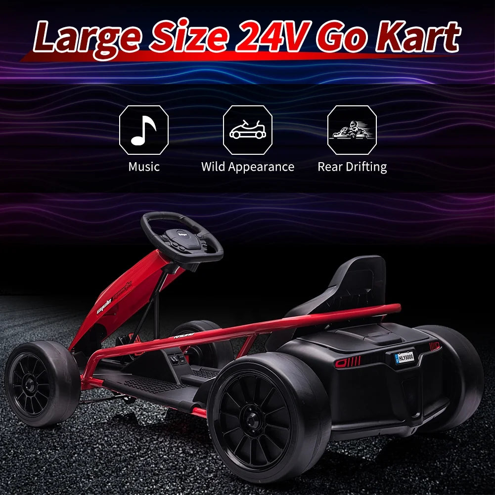 Kojooin Karting pour enfants, Batterie 24V Moteurs 300WX2 Karting à pédales à pied, Voiture de dérapage haute vitesse 8MPH avec fonction de démarrage progressif, Rouge rose
