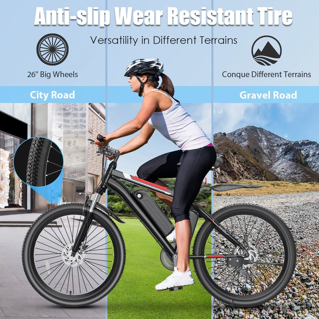 Vélo électrique Elifine 500W pour adultes, vélo électrique tout-terrain 26 avec 5 modes de conduite, batterie 48V 7,8Ah, Shimano 21 vitesses & 19,8 mph vélo électrique urbain en alliage d'aluminium jusqu'à 50 miles