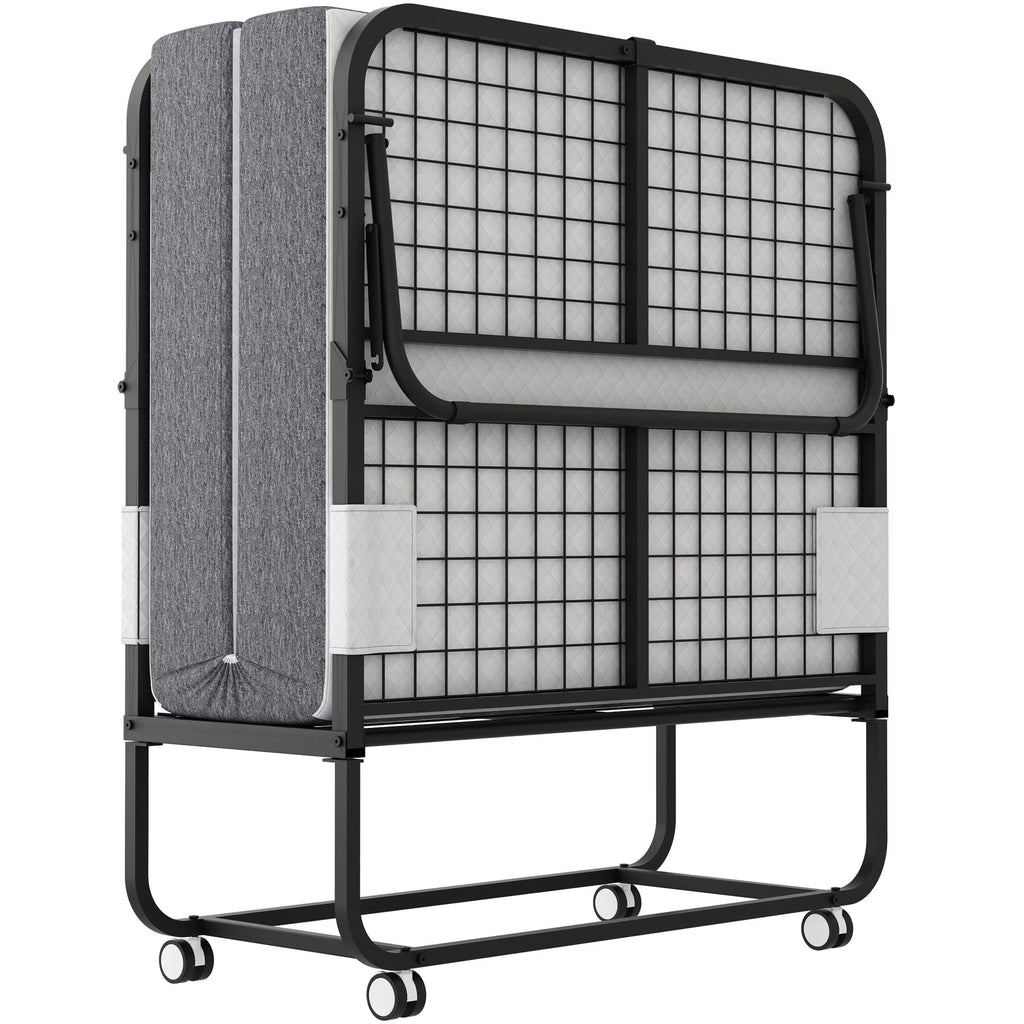 Lit pliant avec matelas 75 x 31 format lit de camp Lit plié, lit d'appoint sur roulettes portable et pliable lit supplémentaire pour adultes lit de repos avec matelas en mousse à mémoire de forme 5 cadre en grille métallique robuste peu encombrant