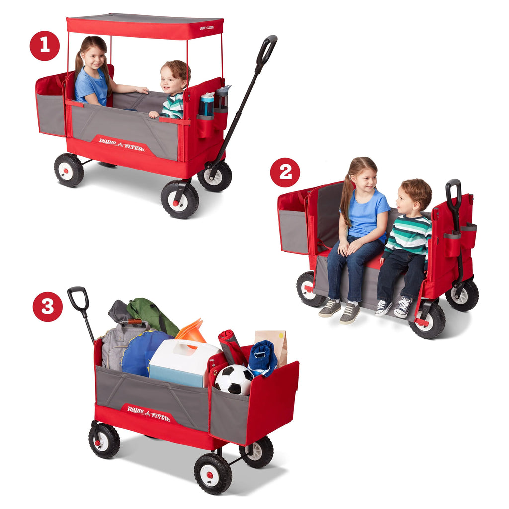 Radio Flyer, chariot tout-terrain 3-en-1 EZ Fold avec capote, rouge et gris, pneus gonflables
