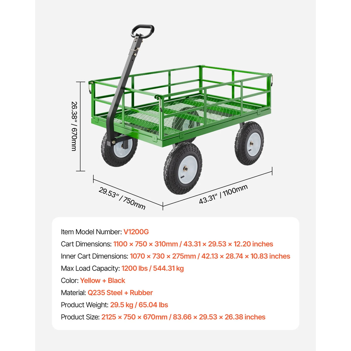 KFFKFF Chariot de jardin en acier grillagé 1200 Lbs, 43,3 x 29,5  Chariot utilitaire robuste, Chariot de jardin en métal à tirer avec pneus tout-terrain de 13', Côtés grillagés amovibles, Poignée pivotante 180° (Vert)