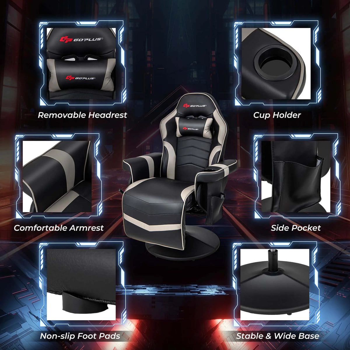 Fauteuil gaming inclinable Goplus avec massage, réglable en hauteur, pivotant, style racing, avec porte-gobelet, rouge